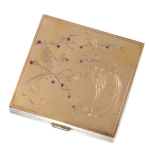 French silver nose powder box with interior mirror and gold and rubies decoration of birds of paradise